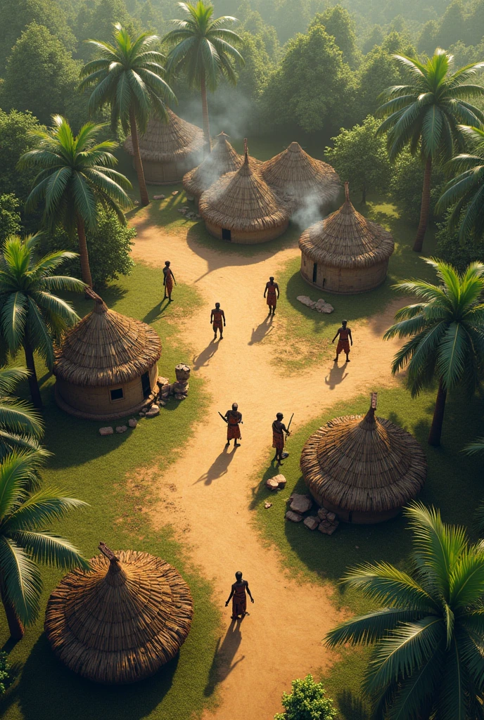 A reference image for a game environment I want to create of the story of moremi ajasoro, an image of a small village with huts and trees and grass and some Igbo warriors.make it a top view of the whole village