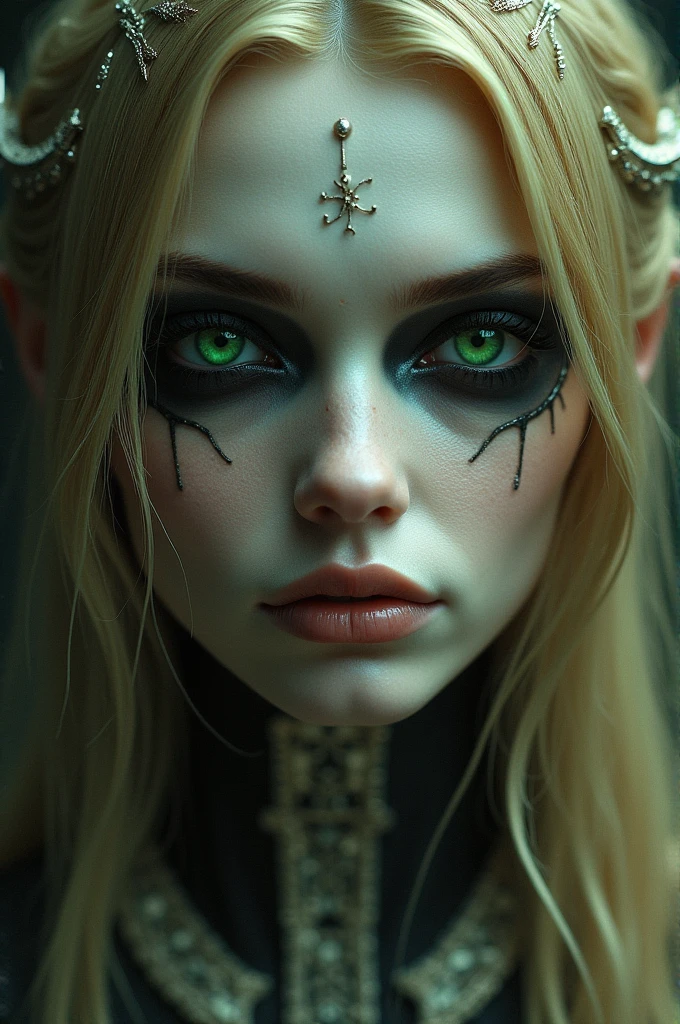 ((best quality)), ((masterpiece)), (detailed), perfect face angel of death personified in beautiful blonde woman black eyes green smile big and beautiful with scypher