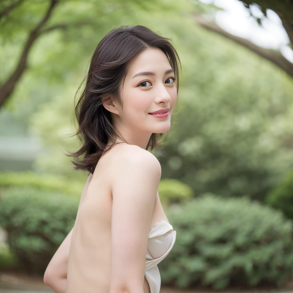 a Close-up portrait of gorgeous smiling cute Japanese woman in a nudity outfit, delicate facial features, porcelain-skinned, ponytail, a fusion of young Marion Cotillard's striking eyes and young Anne Hathaway's introspective gaze, long and slender cute face, Asian winged eyes, wavy nose, full wide lips, flowing very long straight black hair in the air, silhouette, bokeh,