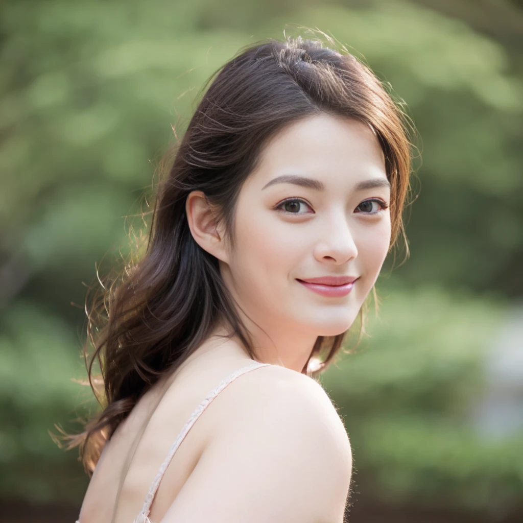 a Close-up portrait of gorgeous smiling cute Japanese woman in a nudity outfit, delicate facial features, porcelain-skinned, ponytail, a fusion of young Marion Cotillard's striking eyes and young Anne Hathaway's introspective gaze, long and slender cute face, Asian winged eyes, wavy nose, full wide lips, flowing very long straight black hair in the air, silhouette, bokeh,