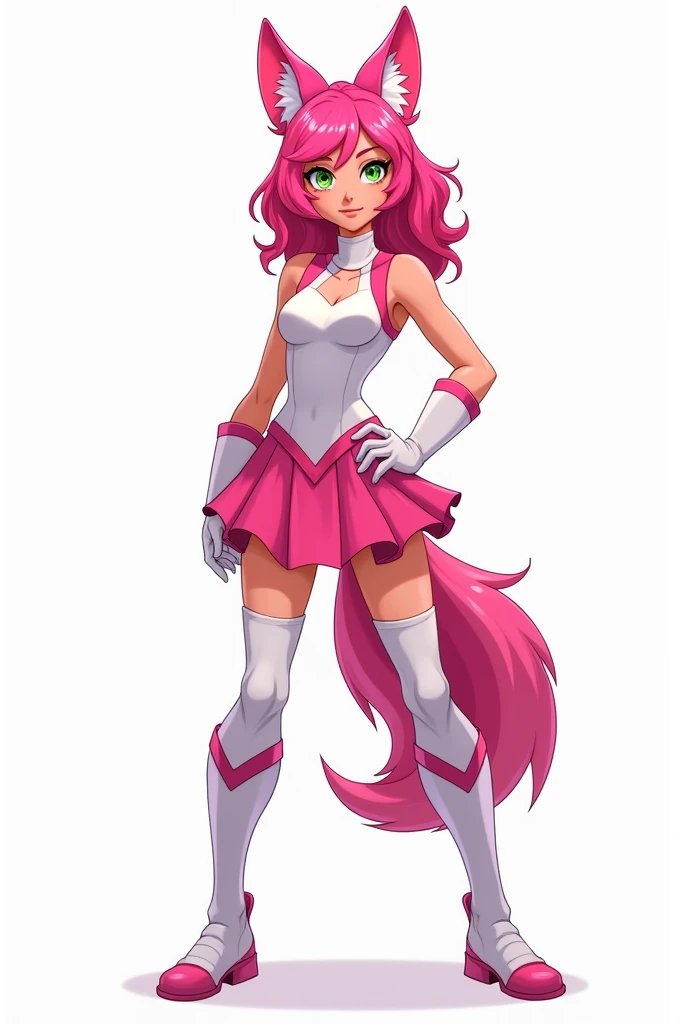 A pink haired teenager, pink fox ears and green eyes posing for a photo wearing a superhero uniform. A tight white and pink sleeveless leotard, a short pink layered skirt, with long white boots with pink details. The uniform highlights power and femininity.
white background.
Comic book 2d style.