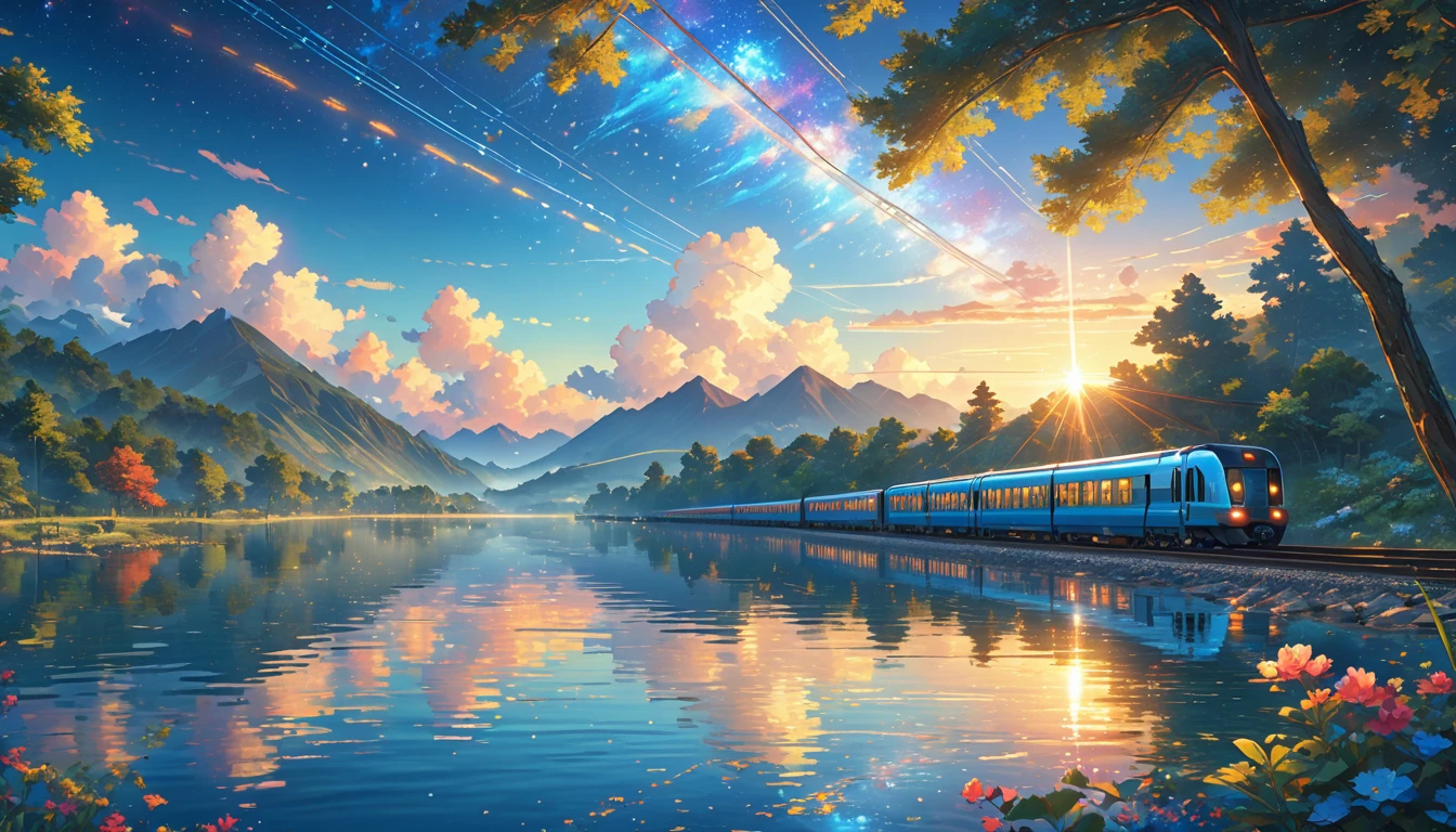 score_9, score_8_upper, score_7_upper,(((Train running on water))),Large Lake,beautiful水面,(((Side Angle))),Angle from afar,Stations on the water,Lake as far as the eye can see,(((blue))),summer,horizontal line,Morning Glow,Starry Sky,Streaks of Light,(masterpiece, Highest quality, Highest quality, Official Art, beautifull, beautiful:1.2,Ray Tracing),Very detailed,Blue tones,Very detailed, (Fractal Art:1.3),  Most detailed, High resolution, Impressive visuals, (Dynamic Stripes, Light trail:1.2), Vibrant colors ,Detailed Images