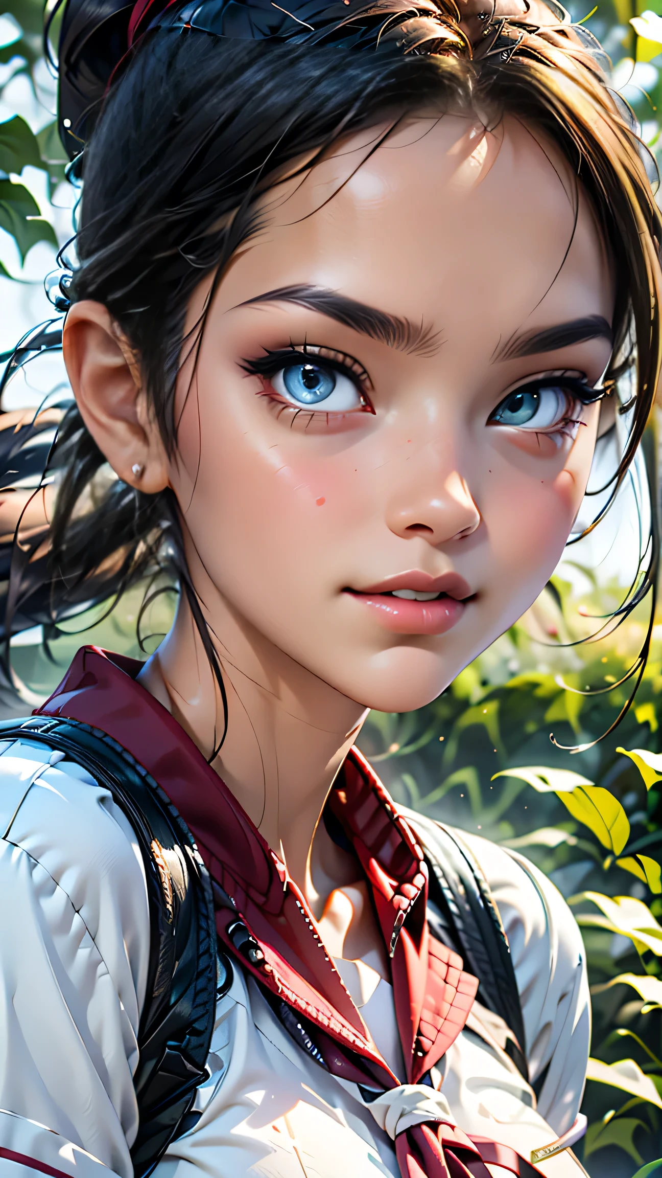 high school girl、White Sailor Suit（summer服)、White pleated skirt、White socks、loafers、ponytail、school bag、summer、sunset、Her underwear is visible through her old clothes.、In the depths of the night forest,､masterpiece, 最high quality, high quality, High resolution, (((Face close-up)))､Face close-up