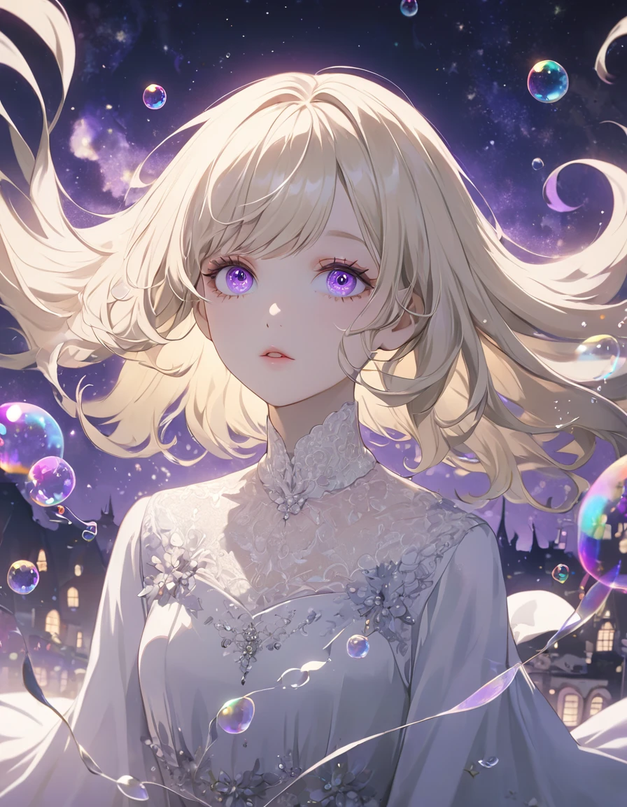 (Highest quality:1.2), Beautiful lo-fi minimalist vibe, Cute, a beautiful anime style girl with light blonde hair, violet eyes, blowing bubbles under a starry night sky, extremely detailed face and eyes, long eyelashes, natural expression, elegant dress, soft lighting, muted colors, cinematic composition, fantasy, dream-like, surreal atmosphere