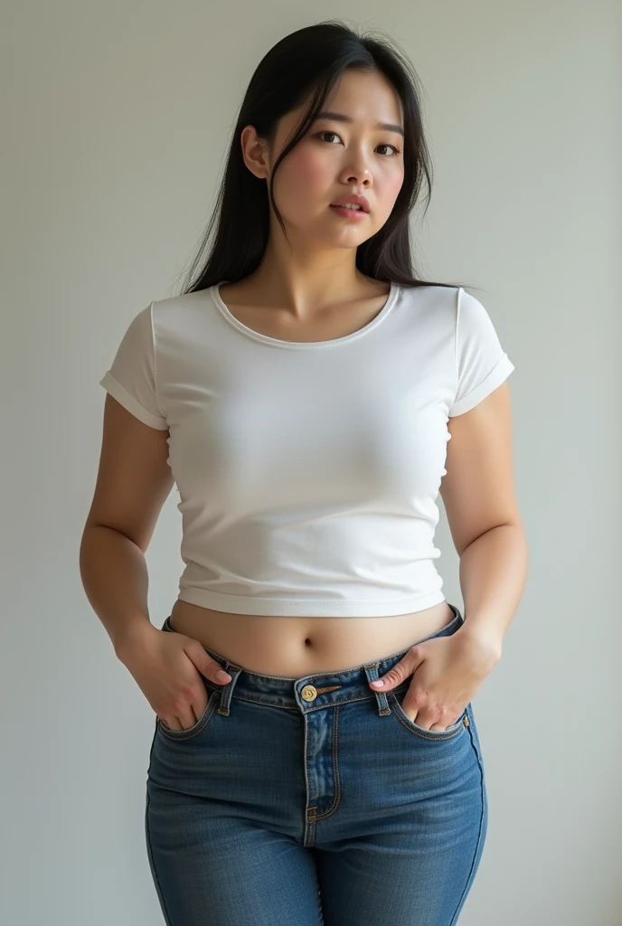 Beautiful Asian woman gains a lot of weight, his pants don't fit