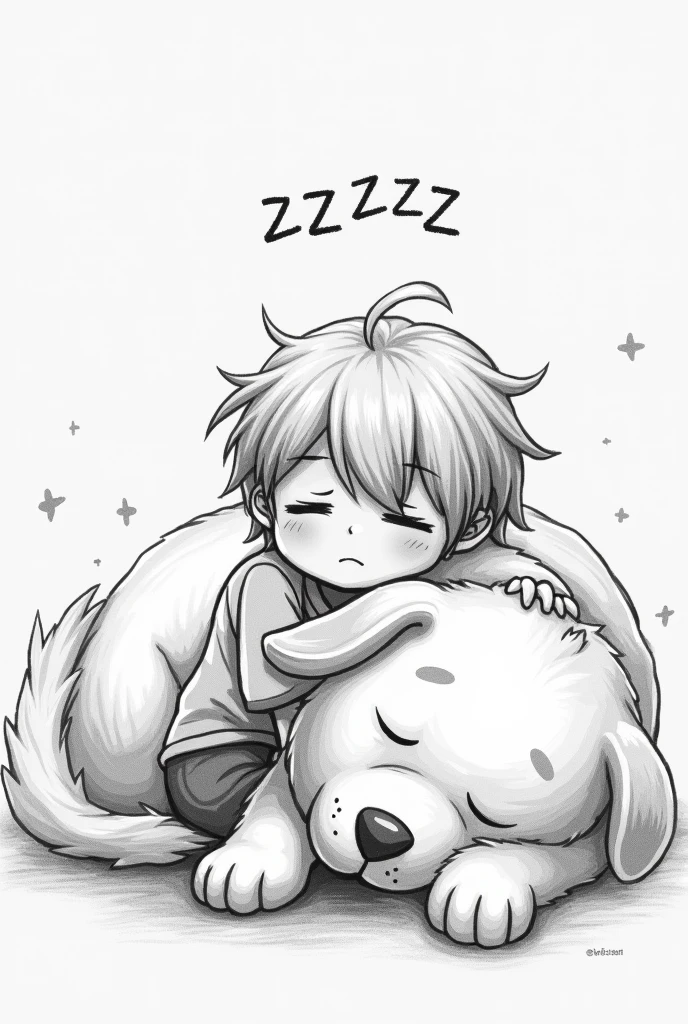 It says "zzZZ", monochrome, pencil drawing, self-portrait, cute, boy, big dog, sleeping together, happy, shading, shadows, contrast, conceptual installation art, 2.5D, delicate and dynamic effects, iridescent effects, artistic, hyper, graphic CG digital art, (anime, manga, cartoon, illustration)-style