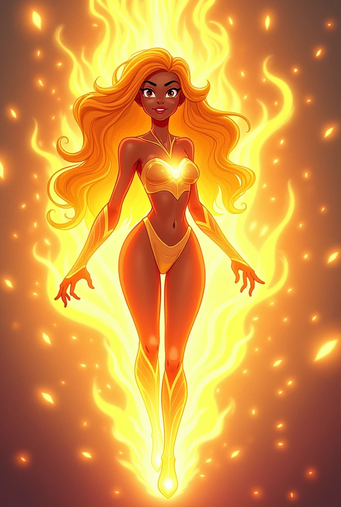 Super powerful girl from cartoon networks with the name Bengala. Its color is a radiant yellow, that shines with positive energy. Her hair is long and wavy, like rays of sunlight that illuminate everything in their path.   She is a brave and optimistic girl, Always ready to help others. His special superpower is the ability to generate blinding light., dazzling his enemies and giving them a lesson in kindness