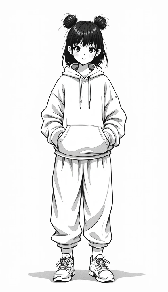 "A black and white sketch of a young Asian woman in her early twenties. She has a modern, Gen Z style with comfortable oversized clothing, like an oversized hoodie and baggy pants, reflecting her interest in sustainable fashion. Her hairstyle features two high pigtails. Add annotations with arrows pointing to different parts of the sketch: one pointing to her hoodie with the label 'Favorite color: Earth tones,' one pointing to her face with the label 'Age: 24,' and one pointing to her smartphone with the label 'Technology lover.' The layout should be minimalistic, with the labels clearly visible and enhancing the understanding of the character."