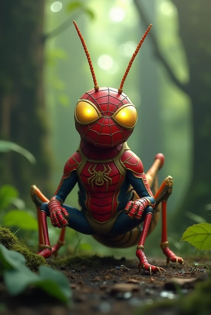 ultra realistic 3d animation grasshopper dressed as spiderman complete with red black yellow gold spiderman head golden yellow glowing eyes forest background focus image
