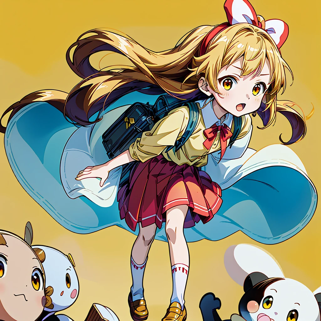 1girl,(((Perfect Anatomy、Highest quality、Masterpiece、Official Art、Super detailed、Dynamic structure、Anime Style)))、Elementary school students、Red dress with large yellow buttons around the waist、White Y-shirt、Red on the neck🎀、White knee-high socks、Brown Loafers、Carrying a red backpack、A soprano recorder is visible from the school bag.、Being buffeted by strong winds、Image from above、Strong wind blowing from the viewer's side、Strong wind blowing from the direction of travel, hair blowing back、Yellow simple background、