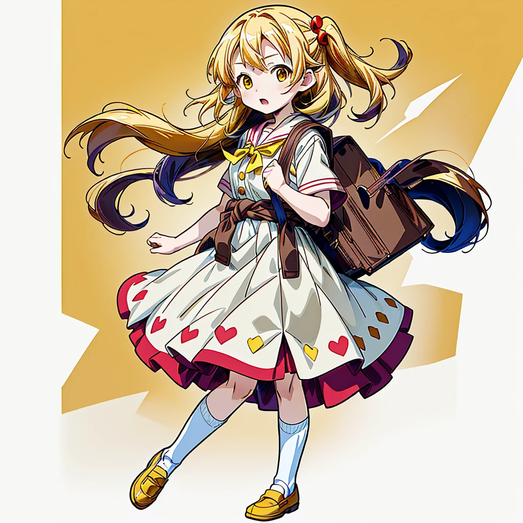 1girl,(((Perfect Anatomy、Highest quality、Masterpiece、Official Art、Super detailed、Dynamic structure、Anime Style)))、Elementary school students、Red dress with large yellow buttons around the waist、White Y-shirt、Red on the neck🎀、White knee-high socks、Brown Loafers、Carrying a red backpack、A soprano recorder is visible from the school bag.、Being buffeted by strong winds、Image from above、Strong wind blowing from the viewer's side、Strong wind blowing from the direction of travel, hair blowing back、Yellow simple background、