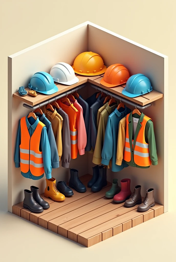 Construction clothing hanging in a closet in isometric view 
