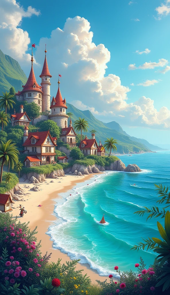 Here's the panoramic digital landscape you requested. The image captures a beautiful village beachside with a dreamlike and fantasy atmosphere, perfectly suited as a wallpaper.