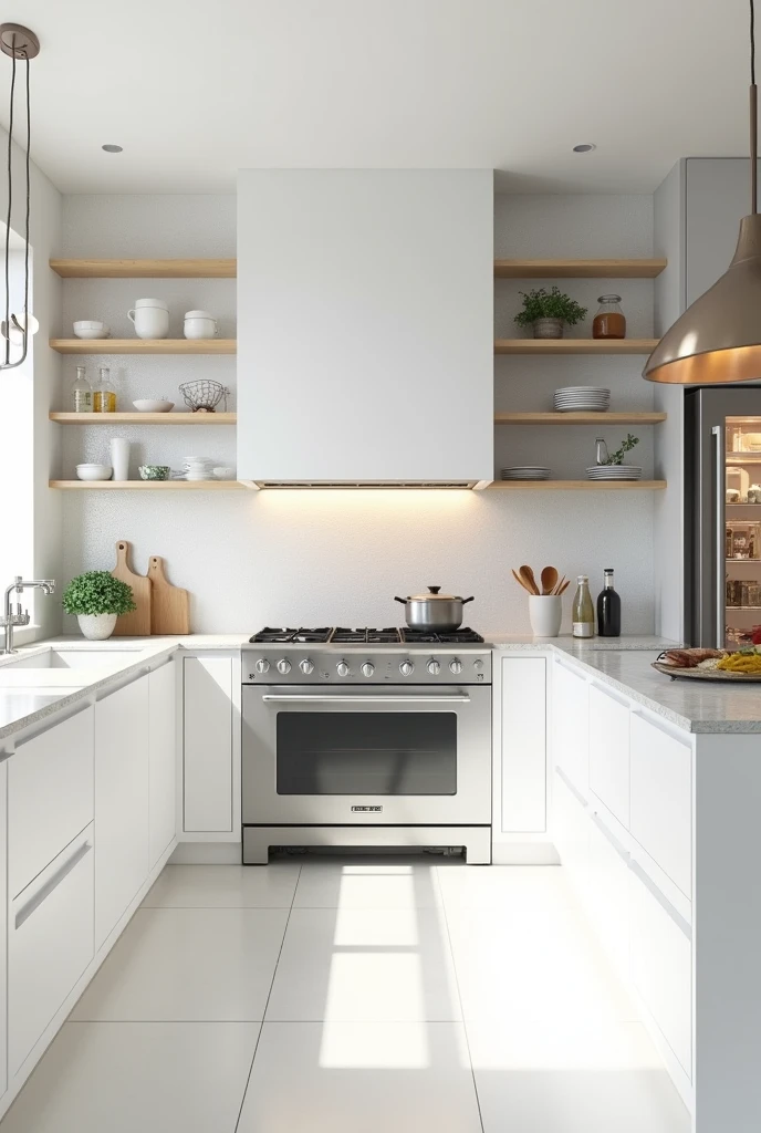 Large white kitchen, with electric stove, soda, etc