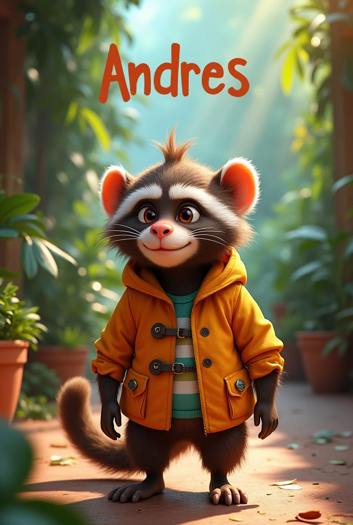 Create a flipbook cover Add the name Andrés (in Spanish) at the top of the title page adding a domestic or jungle animal that is animated with clothes but is not fictional and is colorful.