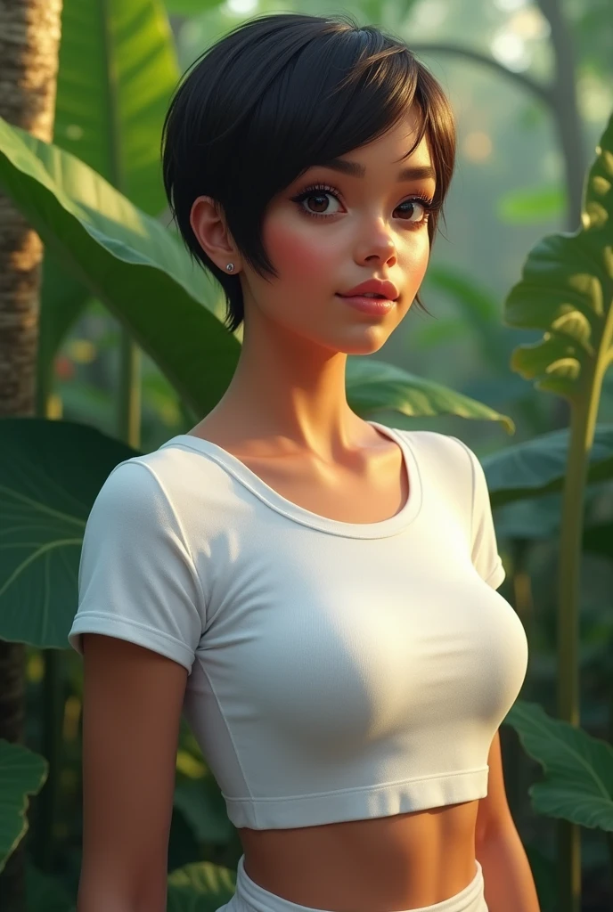 Photorealistic young latina woman whose face Is a merge of Aubrey plaza And Megan Fox And Mila Kunis And the average mexican woman face features, except her face has oval shape has small narrow forehead, low hairline, downturned eyes, softly curved eyebrows And straight wide nose, small mouth, of Curvy silhouette, brown skin, her hair Is dark chocolate in a pixie hair cut, wearing a white fitted tshirt And white compression shorts, tropical forest in the back ground.