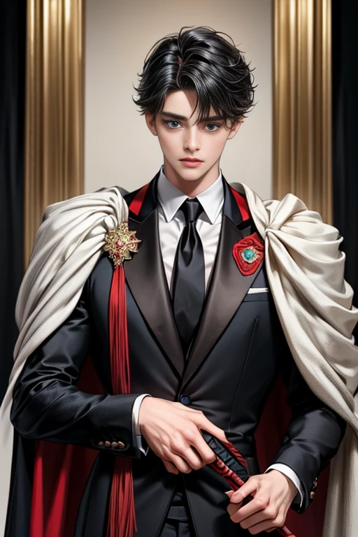 masterpiece, 最high quality, high quality, 1 boy, alone, Male focus, Upper Body,Watching the audience, Messy black hair, Adorable big blue eyes, White, Noble, Noble,A black and red cape that is bursting with sexy volume、Tuxedo、A very voluminous, large, very large, very large, long, long red and black cape with a high stand-up collar, made of a lot of fabric that reaches down to the floor., ,cute beautiful,Cute, cute, kind, handsome guy