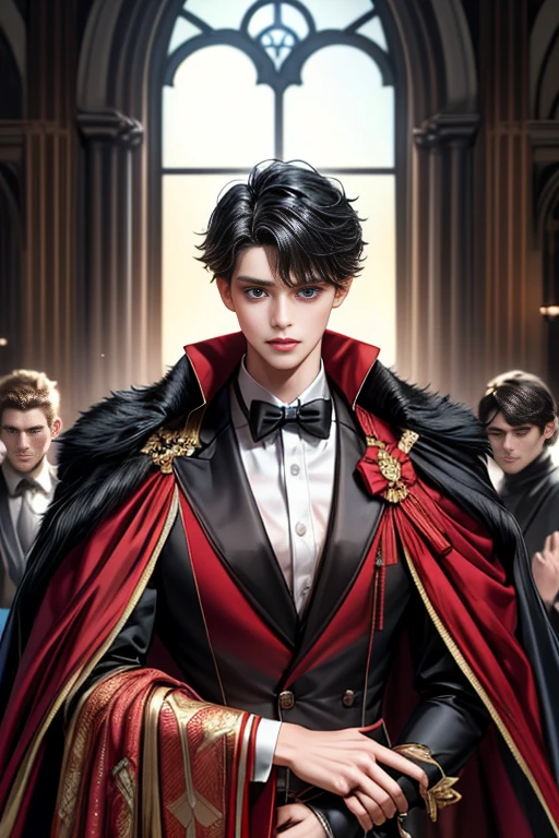 masterpiece, 最high quality, high quality, 1 boy, alone, Male focus, Upper Body,Watching the audience, Messy black hair, Adorable big blue eyes, White, Noble, Noble,A black and red cape that is bursting with sexy volume、Tuxedo、A very voluminous, large, very large, very large, long, long red and black cape with a high stand-up collar, made of a lot of fabric that reaches down to the floor., ,cute beautiful,Cute, cute, kind, handsome guy