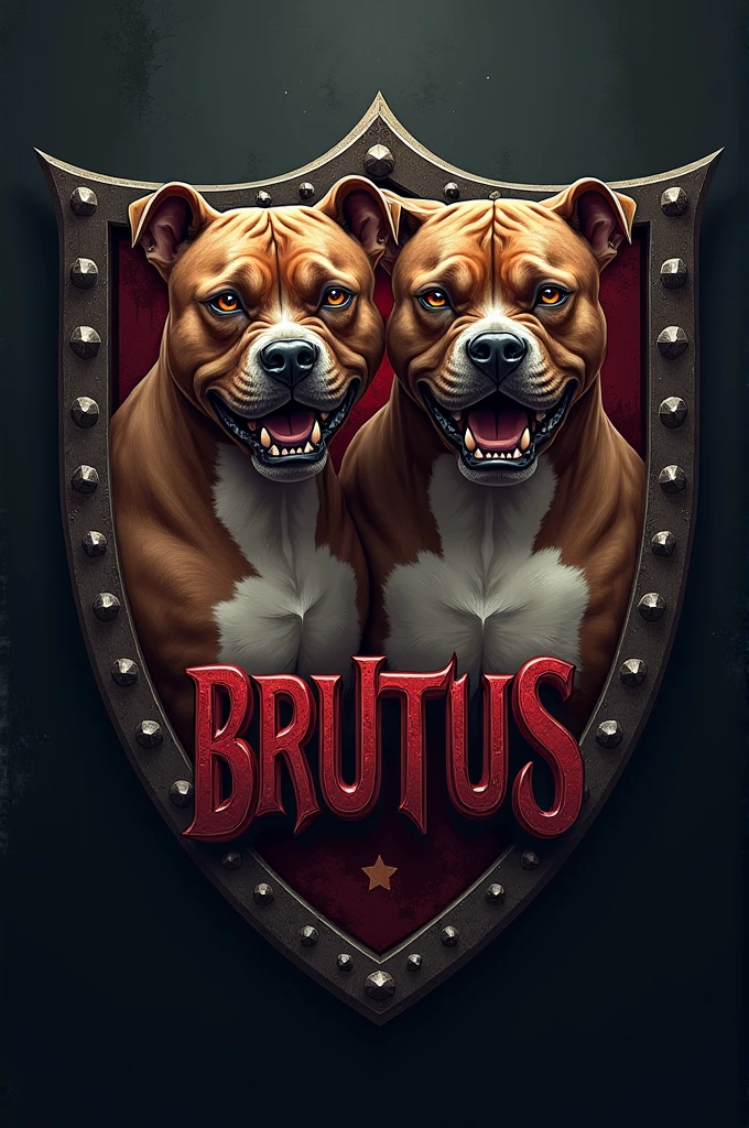 Shield with two angry Pitbulls written brutus