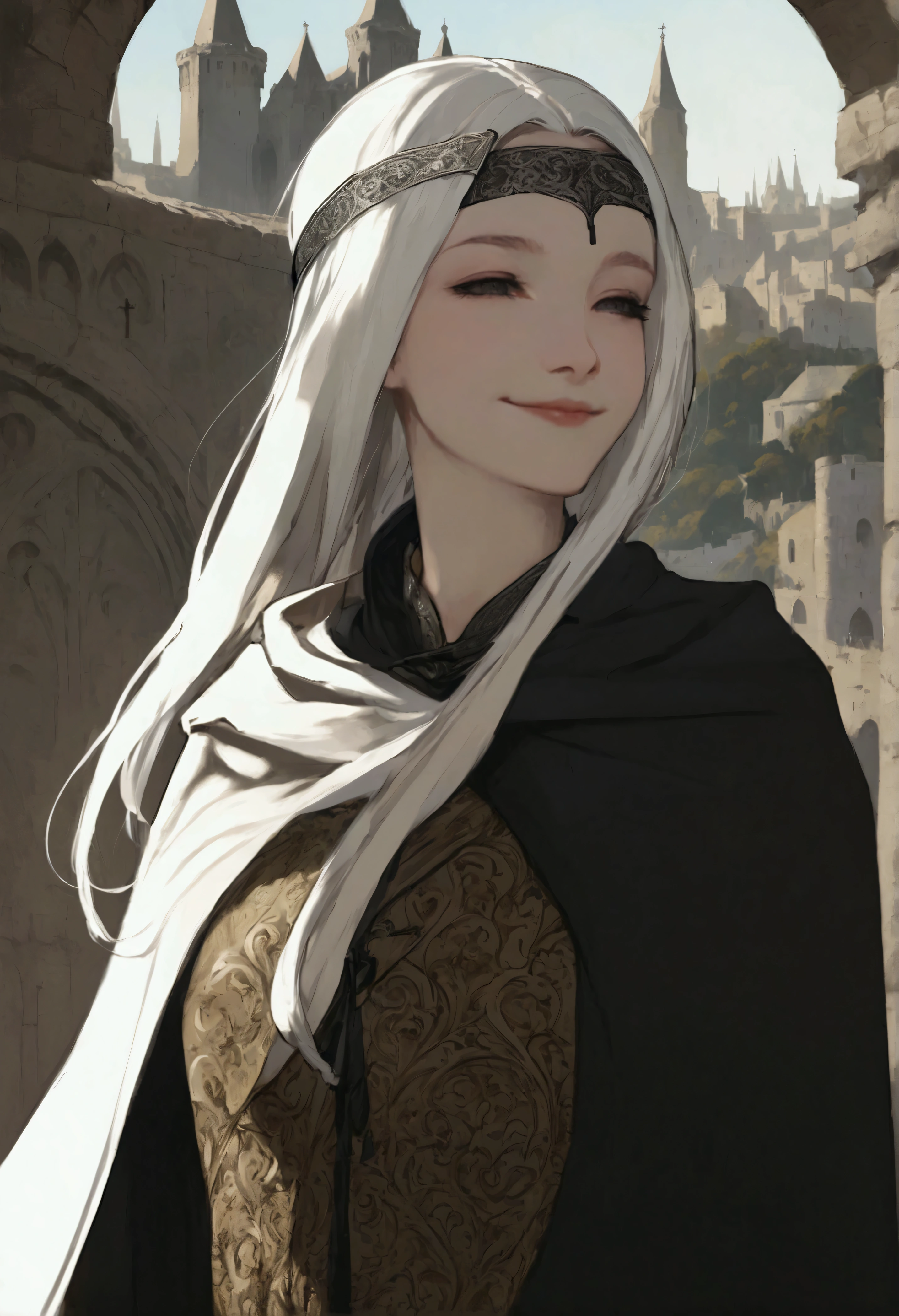 White hair, blindfold over eyes, cloak, smiling, closed mouth, pale skin, medieval scenery,