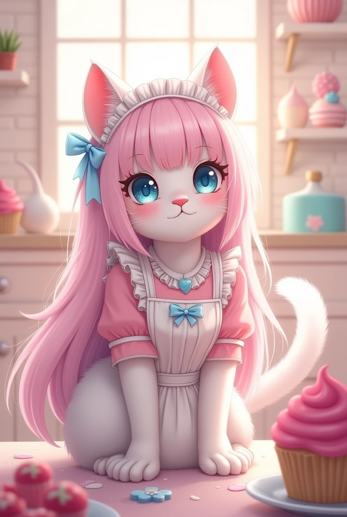 >furry cat with white hair, big pastel blue eyes, Long hair with pastel pink bangs but more noticeable pink, with a maid-type dress but with something to do with sweets and preferably pastel pink, preferably 2D, that this stop showing shyness, and that it is very tender like anime style, that has medium sized breasts
