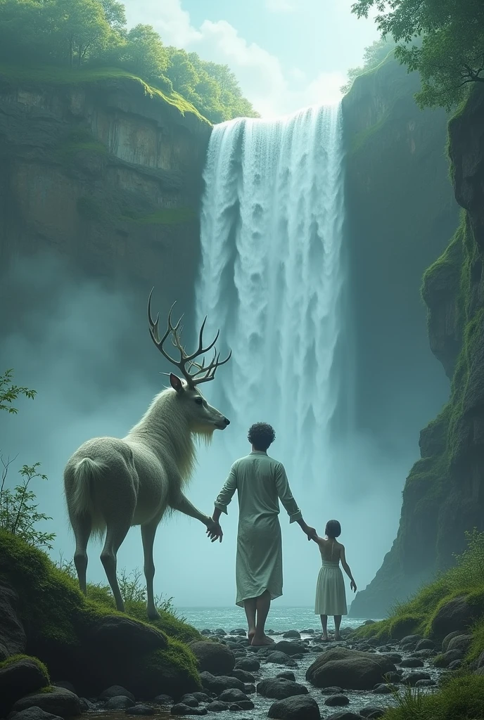 a guiding a man and holding his hand to go in the girl who is waiting at the end of waterfalls