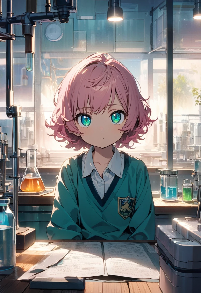 Haibara Ai \(Meitantei Conan\), (short hair), (bright soft pink hair), (sharp teal eyes):1.2, (7 years old), (Girl school uniform), ((expressionless)), ((ultra-detailed)), ((illustration)), ((shaggy hair)), (beautiful detailed eyes), (female), 1girl, (sitting), ((laboratory, morning)), looking at viewer