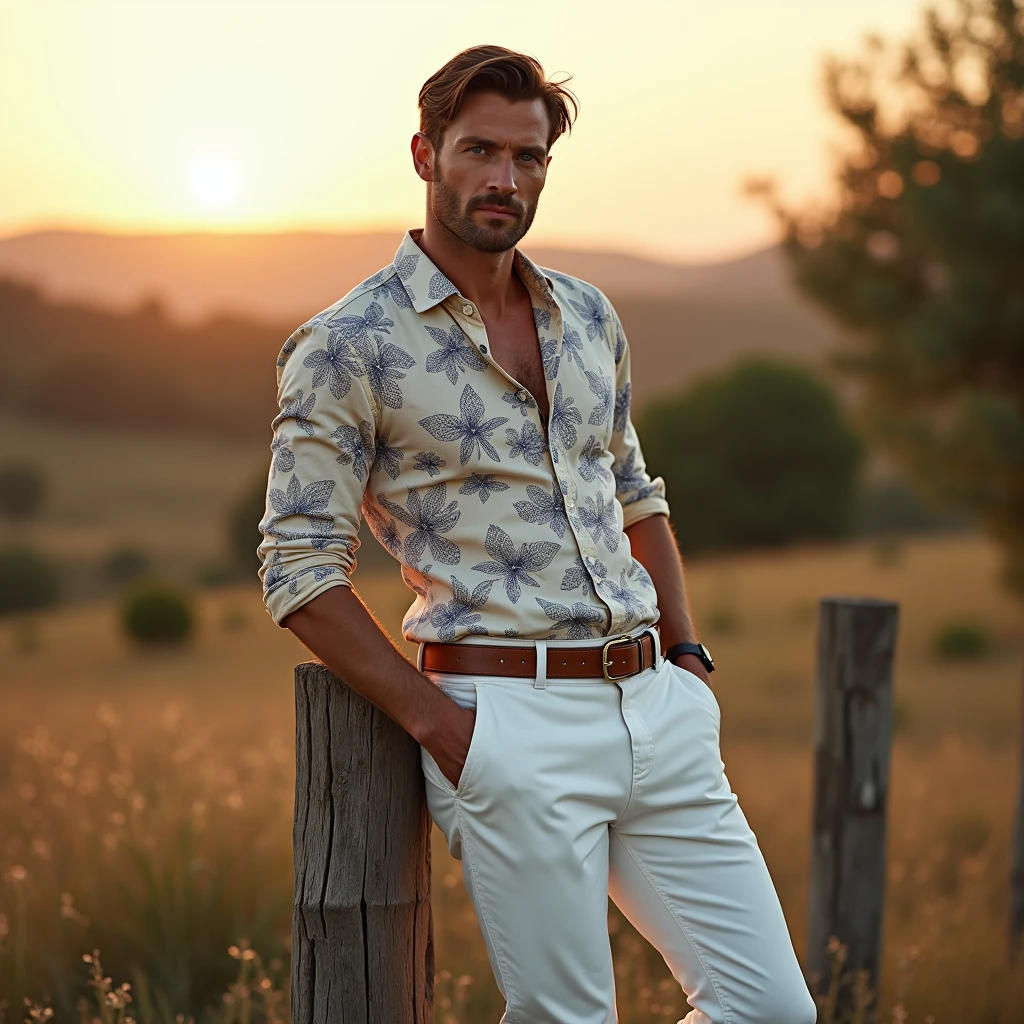 A white man, aged 35, model type, with short dark hair, with blue eyes, wearing a flowered shirt buttoned all the way up, white pants with belt, tennis, leaning against a wooden post in the Alentejo at dawn