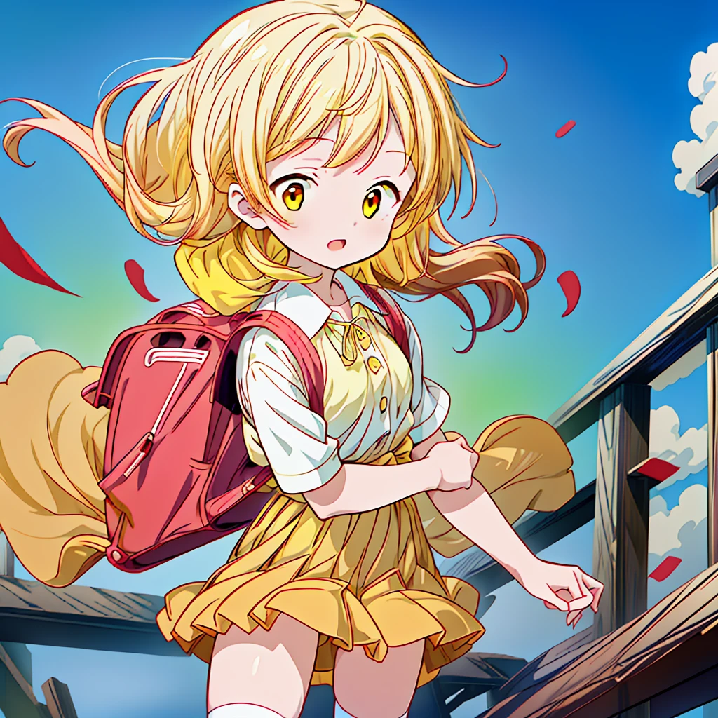 1girl,(((Perfect Anatomy、Highest quality、Masterpiece、Official Art、Super detailed、Dynamic structure、Anime Style)))、Elementary school students、Red dress with large yellow buttons around the waist、White Y-shirt、Red on the neck🎀、White knee-high socks、Brown Loafers、Carrying a red backpack、A soprano recorder is visible from the school bag.、Being buffeted by strong winds、Image from above、Strong wind blowing from the viewer's side、Strong wind blowing from the direction of travel, hair blowing back、Yellow simple background、