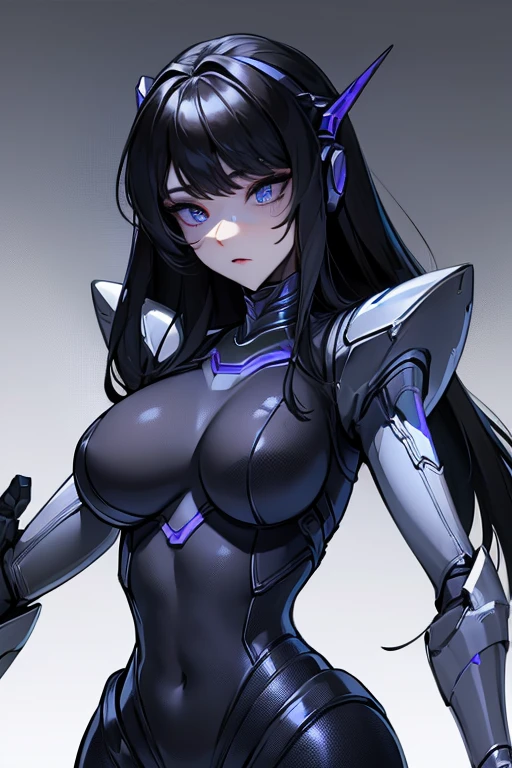 empty eyes,robotization,woman ,big bust,Robot Joint ,Metal skin,Black Suit,long hair,a black suit that covers the whole body