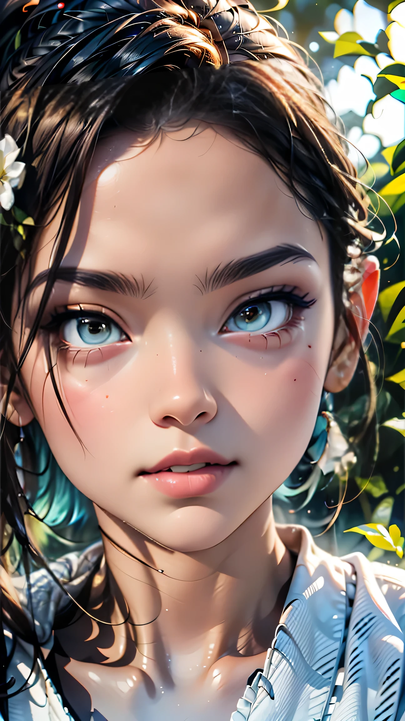 high school girl、White Sailor Suit(summer服)、White pleated skirt、White socks、loafers、ponytail、school bag、summer、sunset、Her underwear is visible through her old clothes.、In the depths of the night forest,、masterpiece, 最high quality, high quality, High resolution, (((Face close-up)))、Face close-up