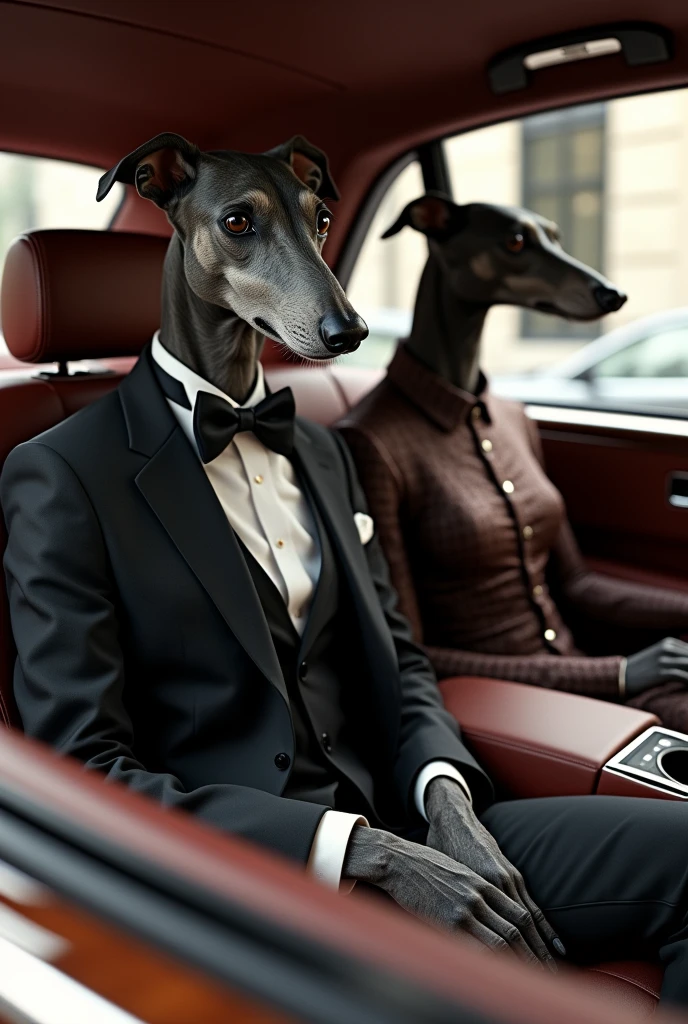 Very rich greyhound in elegant suit sitting in front seat of Rolls Royce car and next to him female greyhound wearing Gucci dress realistic, real, high resolution detail, full picture as real