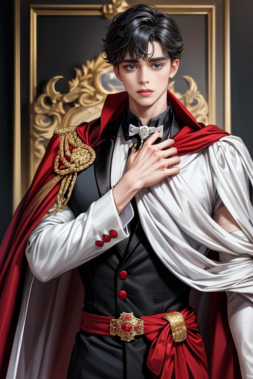 masterpiece, 最high quality, high quality, 1 boy, alone, Male focus, Upper Body,Watching the audience, Messy black hair, Adorable big blue eyes, White, Noble, Noble,A black and red cape that is bursting with sexy volume、Tuxedo、A very voluminous, large, very large, very large, long, long red and black cape with a high stand-up collar, made of a lot of fabric that reaches down to the floor., ,cute beautiful,Cute, cute, kind, handsome guy