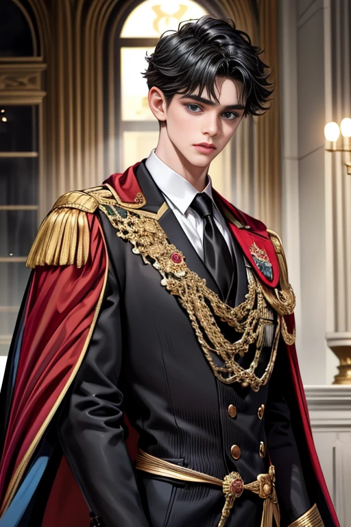 masterpiece, 最high quality, high quality, 1 boy, alone, Male focus, Upper Body,Watching the audience, Messy black hair, Adorable big blue eyes, White, Noble, Noble,A black and red cape that is bursting with sexy volume、Tuxedo、A very voluminous, large, very large, very large, long, long red and black cape with a high stand-up collar, made of a lot of fabric that reaches down to the floor., ,cute beautiful,Cute, cute, kind, handsome guy