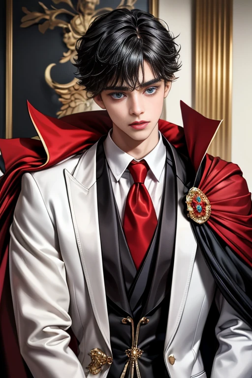 masterpiece, 最high quality, high quality, 1 boy, alone, Male focus, Upper Body,Watching the audience, Messy black hair, Adorable big blue eyes, White, Noble, Noble,A black and red cape that is bursting with sexy volume、Tuxedo、A very voluminous, large, very large, very large, long, long red and black cape with a high stand-up collar, made of a lot of fabric that reaches down to the floor., ,cute beautiful,Cute, cute, kind, handsome guy