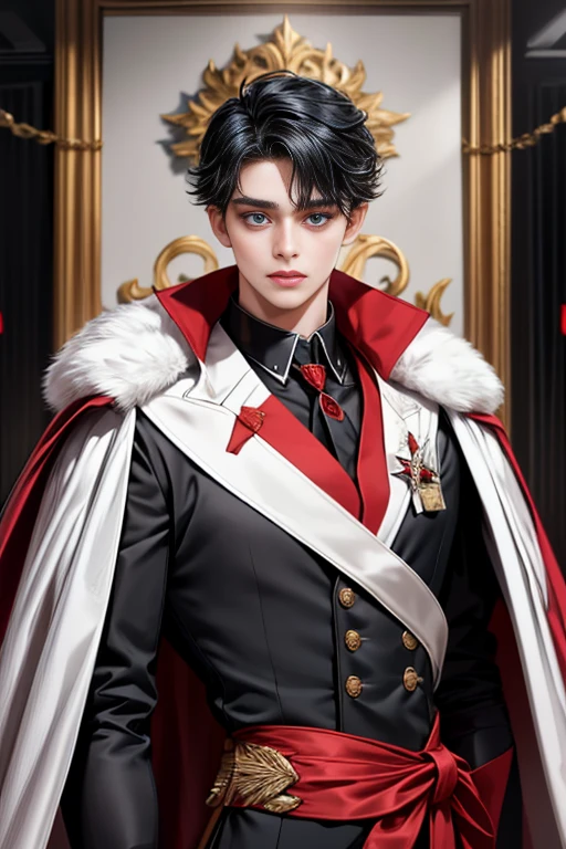 masterpiece, 最high quality, high quality, 1 boy, alone, Male focus, Upper Body,Watching the audience, Messy black hair, Adorable big blue eyes, White, Noble, Noble,A black and red cape that is bursting with sexy volume、Tuxedo、A very voluminous, large, very large, very large, long, long red and black cape with a high stand-up collar, made of a lot of fabric that reaches down to the floor., ,cute beautiful,Cute, cute, kind, handsome guy
