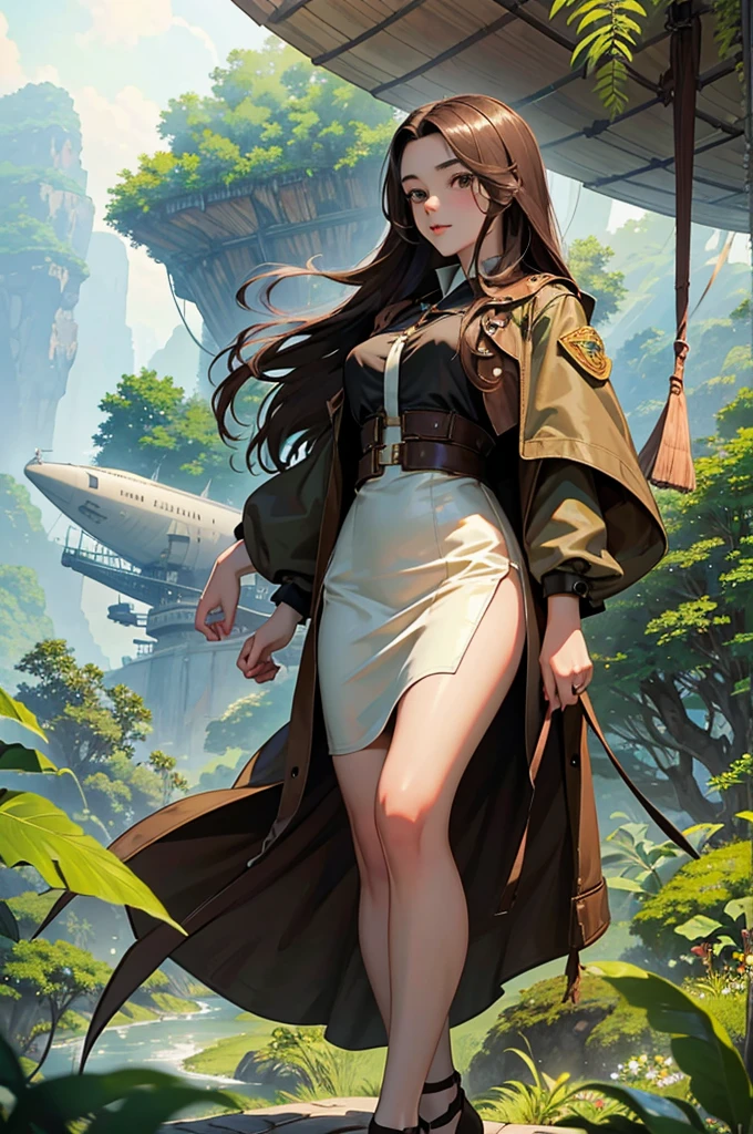 Master piece, 18 years old, young girl, Dark Brown Long hair, posing in front of full view of airship floating. jungle with green mountain background.