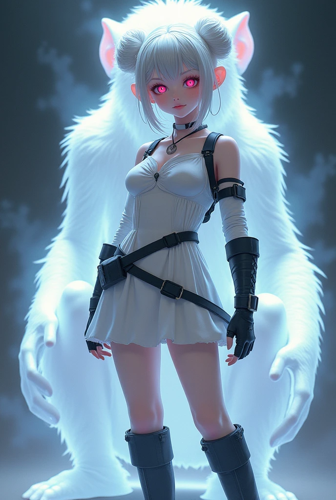 White miniskirt dress with black boots、Full image of a girl in combat gear with pink eyes、Monkey Background、Aura of Ghost of a monkey in the background、Pink eyes and twin bun hair、A beautiful girl in a white one-piece dress and combat gear is surrounded by a red monkey aura in the background.、Full image of the girl、Smaller breasts、Ghost of a monkey、Ghost of a monkey Fit the entire image within the frame。
