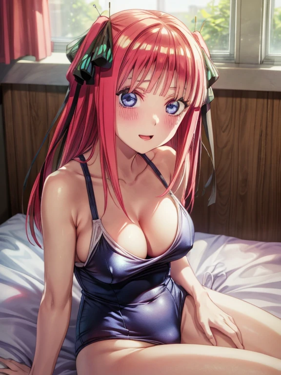 best quality, insanely detailed, nino nakano, breasts, blush, bedroom background, looking at viewer, cheerful eyes,arousal, one-piece swimsuit,add_detail:1.0