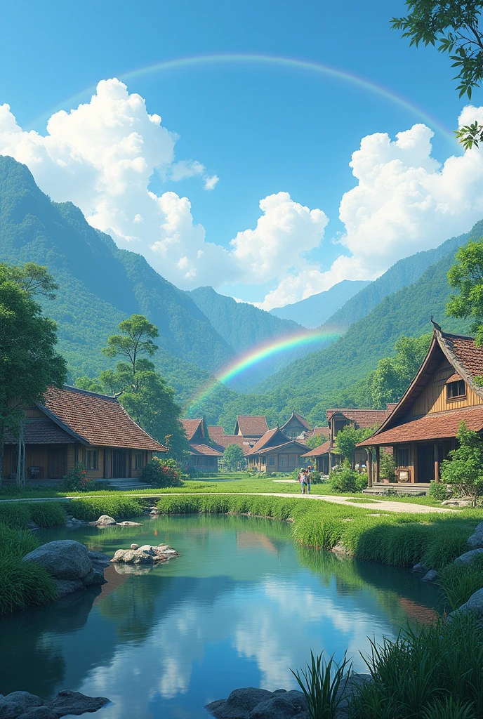 หนองจองคำสมัยก่อน prompt. "A town in Mae Hong Son, Thailand, surrounded by lush green mountains with a rainbow stretching across the clear blue sky. In the center of the town, there's a small pond reflecting the serene surroundings."