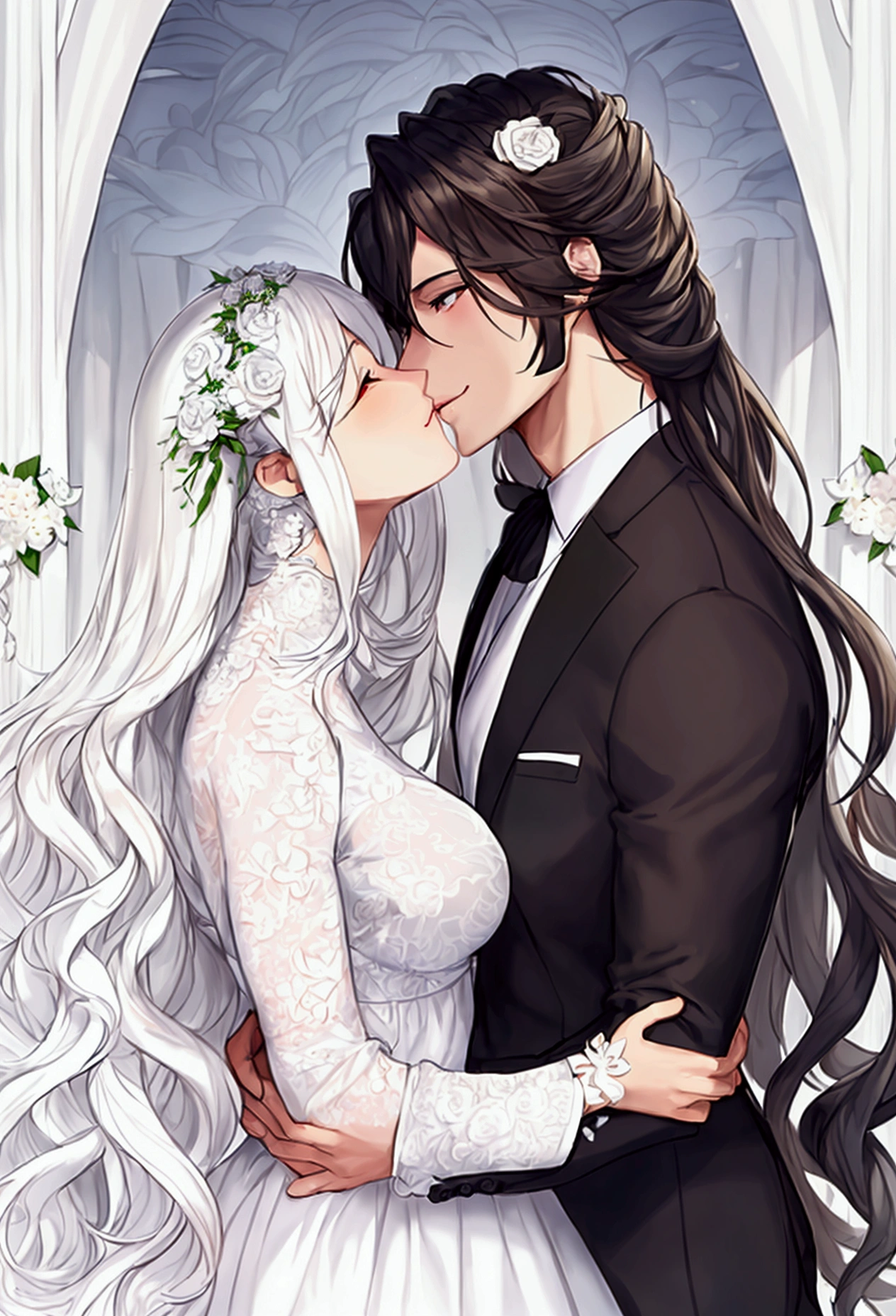 masterpiece, best quality, couple, kissing in white flower bloom forest, black wavy hair, flower blossom, light smile, white wedding suit, detailed face, detailed eyes, detailed body, priportional body, javanese style, detailed, accurate