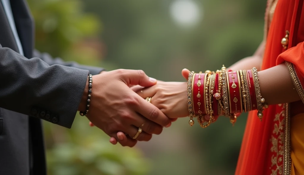 A close-up shot of a couple’s hands gently holding each other. The woman is wearing traditional Punjabi bangles, and the man has a simple bracelet. The background is slightly blurred, showing a peaceful garden or a quiet street.