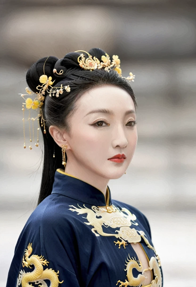 The empress of the Qing Dynasty is wearing a Hanfu with small yellow dragons embroidered on it, but she is naked and has only her buttocks rolled up to expose them. Her profile is visible from behind, and the background is the stone paving of the Qing Dynasty palace.
