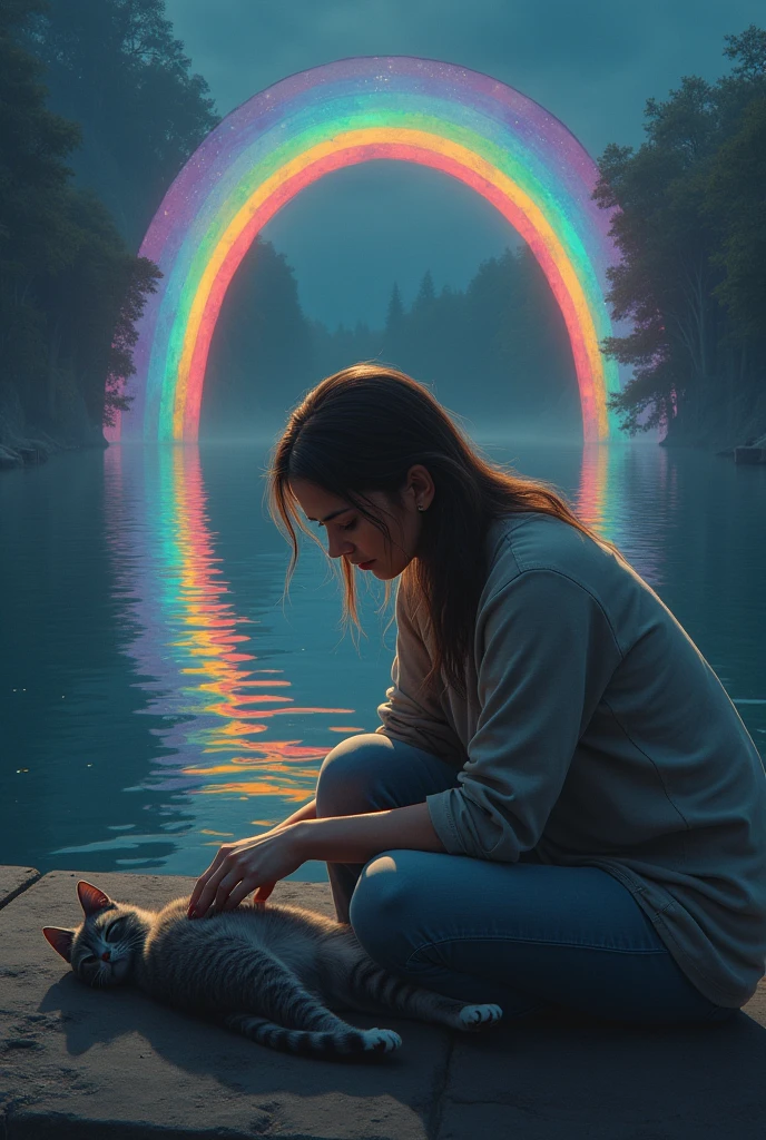 The background is Rainbow Bridge，A silver-gray American shorthair cat died lying on its side，A woman is stroking a cat next to her，Feeling sad and warm，High realistic style，Extremely realistic，HD，Marked July 24, 2024 at 9:10 am