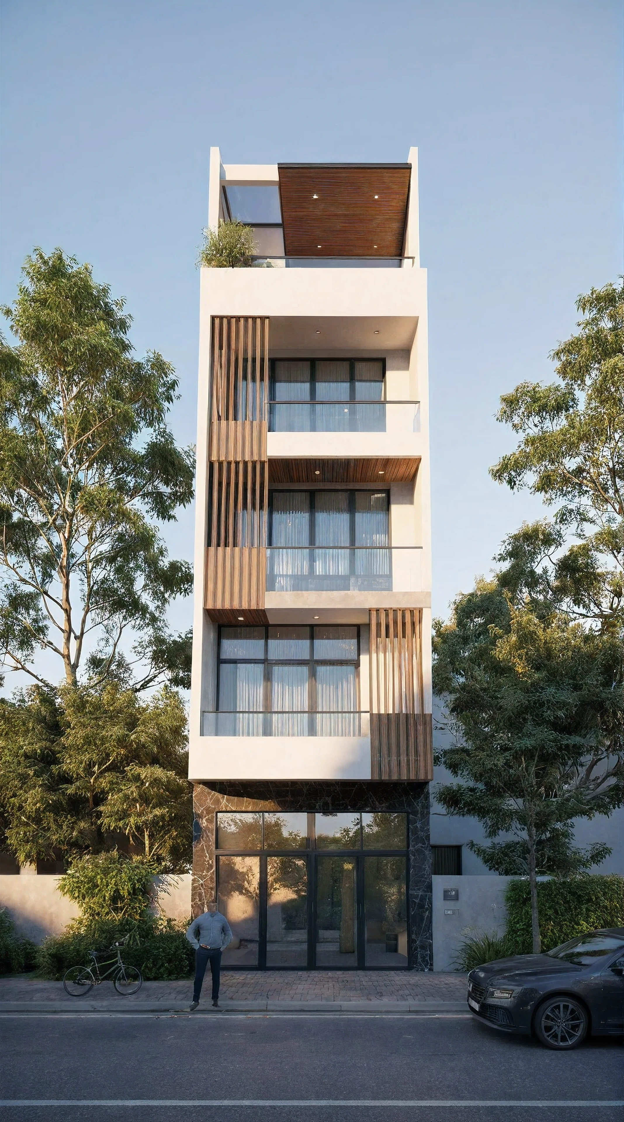townhouse, Led light, spotlight out door, (modern style:1.2), (Open roof to see the sky), exterior design, perspective view, (open roof), Pavement, alphalt streets road, (next door neighbor's house), (dawn light sky background), Low trees around the house, overall peaceful atmosphere cinematic photo, hyperrealistic artï¼professional, 8k, highly detailed ï¼, (architectural design visualization), (reflection), (focus on object), (material normal bump real reflection), (scattered light), (hidden light) (light ray), (multi-beam light), (sunbeam) (multi-level reflection), (corona software visualization render:1.2),(((Best Quality))), ((Masterpiece)), ((best illustration)), ((best shadows)), ((Super Detail)), (Intricate lines), (Photorealism),(hyper detail), ((archdaily)), ((award winning design)), (dynamic light), ((day)), (perfect light), (shimering light), ((photorealistic)), ((intricate detail)), ((extreme detail)), ((science)), ((hyper-detail)), ((super detail)), ((super realistic)), ((crazy detail)), ((octane render)), ((Cinematic)), ((trending on artstation)), ((High-fidelity)), ((Viwvid)), ((Crisp)), ((Bright)), ((Stunning)), ((Eye-catching)), ((High-quality)),((Sharp))((Bright)), ((Stunning)), Natural, ((Eye-catching)), ((Illuminating)), ((Flawless)), ((High-quality)),((Sharp edge render)), ((medium soft lighting)), ((photographic render)), ((detailed archviz))