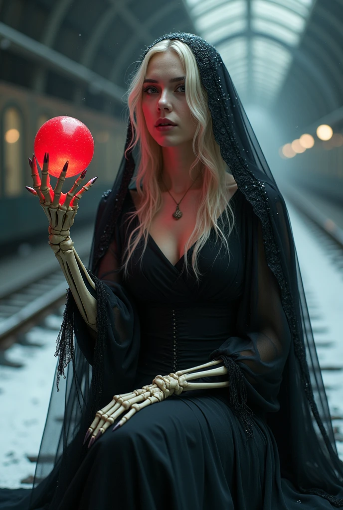 The angel of death with a big scythe like a beautiful blonde woman with black eyes smiling big and a bone hand and a red ball dressed in black with a black veil sitting in a snowy train station