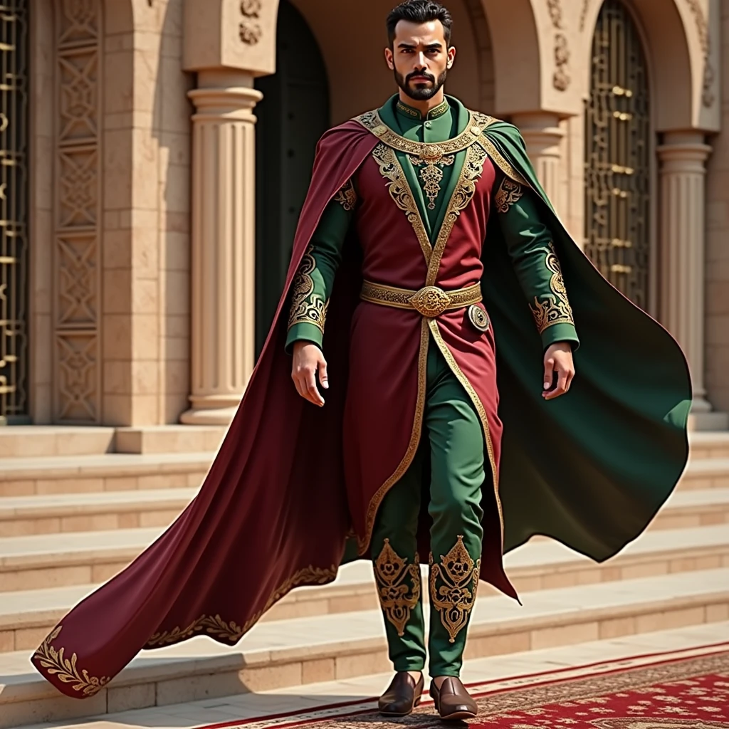 young confident handsome Arab male Sheikh, mystical, futuristic in a traditional fairytale green suit with a burgundy cloak and ukal, exiting the building. golden embroidery with elements of Arabic patterns on the chest, sleeves, and bottom of the trousers. a golden embroidered belt.