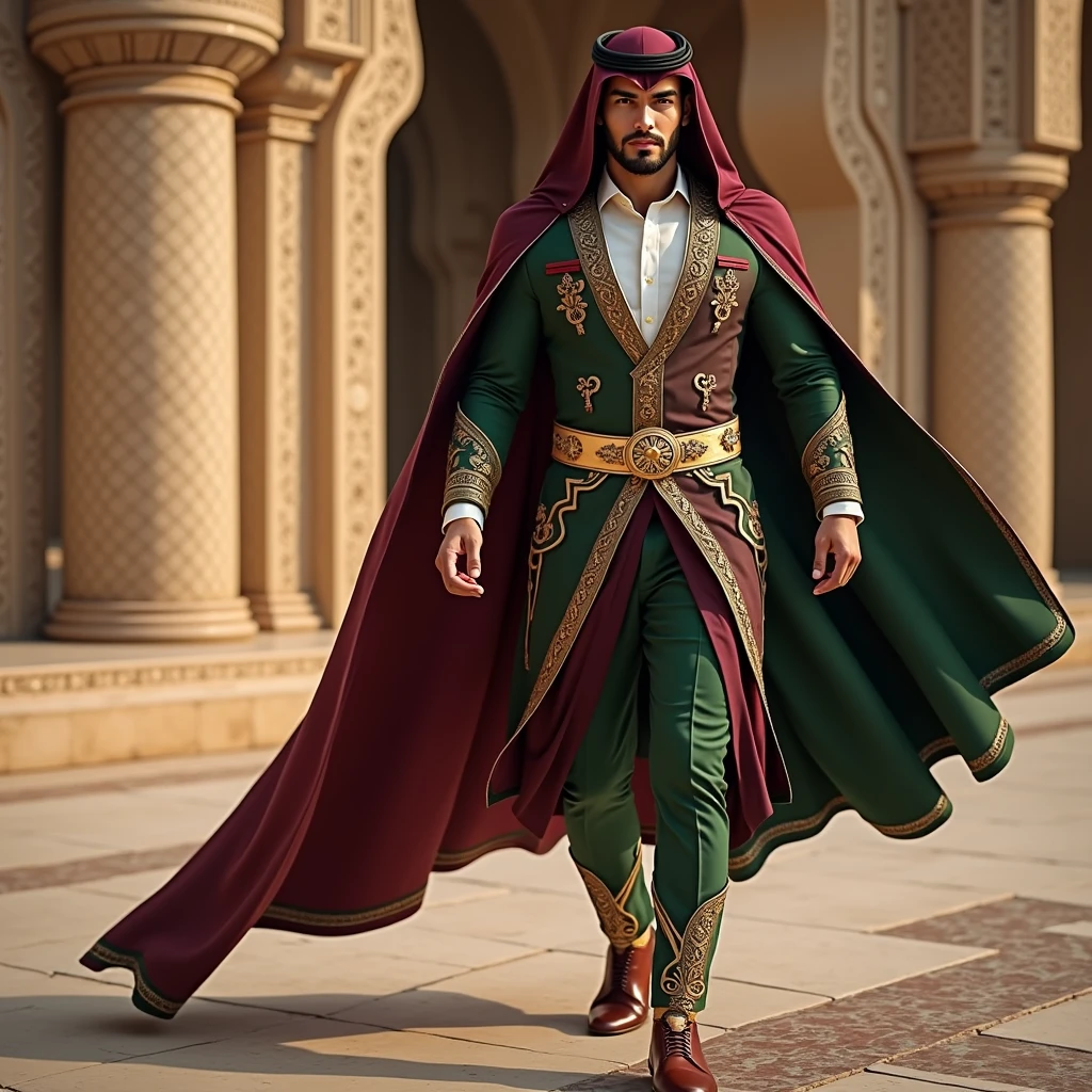 young confident handsome Arab male Sheikh, mystical, futuristic in a traditional fairytale green suit with a burgundy cloak and ukal, exiting the building. golden embroidery with elements of Arabic patterns on the chest, sleeves, and bottom of the trousers. a golden embroidered belt.