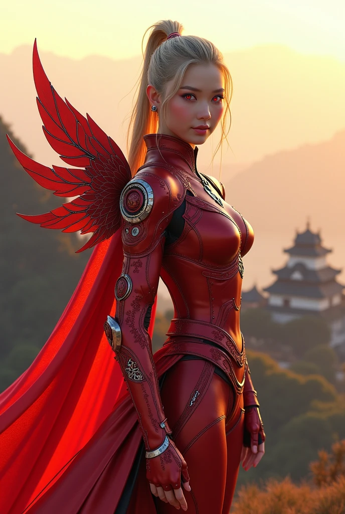 (masterpiece, best quality), futuristic soldier, korean beauty like tae yon, her face fully visible, shining red eyes,, blonde ponytail , full red mate titanium armor suit with old relic motif, mechanical steel detail wings, holding angelic fantasy sword, bright smile, wear angelic boot, smal light armor on arm and leg with old javanese relic motif, standing on top the hill with old japanese castle seen on far away,best ratio body ,uhd. use the RenderMan renderer.digital art. High definition, high contrast, high color saturation, 3d,128k,cinematic lighting, intricate,cinematic lens, advertising photograph,ultra detail. Wallpaper size.
