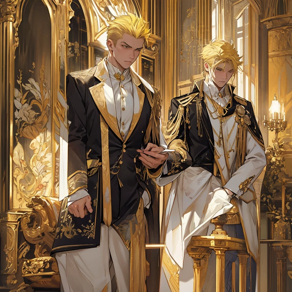 Man with an adult face. blond hair, short on the sides, formal. Yellow hair. Golden hair. yellow hair. athletic body, shaped body. He wears an elegant king's suit. corona. King's suit. corona. tez morena. brown skin. slanted red eyes. A man. Scar on one side of his face. look.